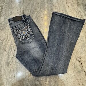True Luck Sz 12 Women's 29x31 Jeans Flare Distressed Embellish Western Low‎ Rise